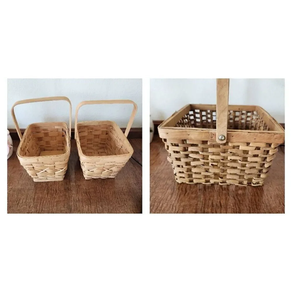 Wooden woven wicker carrying baskets bundle of 3 light brown tan storage organiz